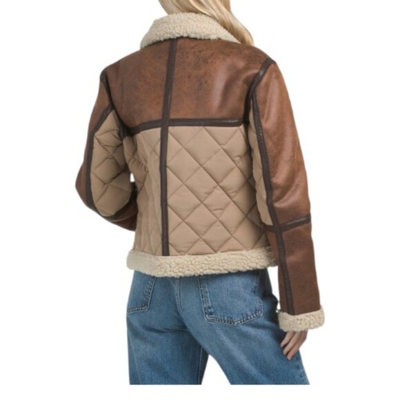 AMAPEL Tan/Beige Faux Leather Shearline Puffer Jacket - Picture 2 of 2